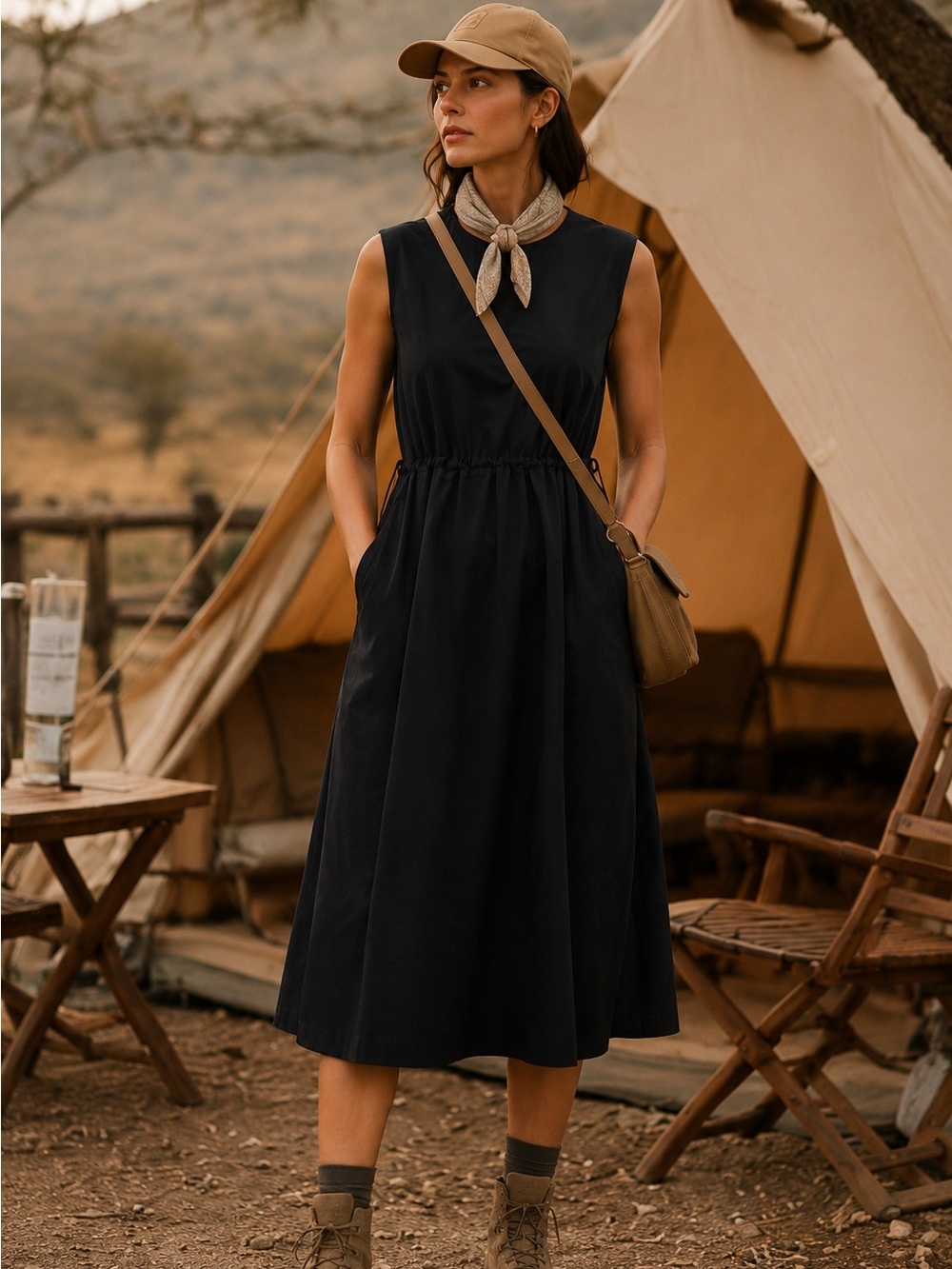 TILLEY Tech Outdoor Midi Dress Black Adjustable Drawstring Travel Utility Small